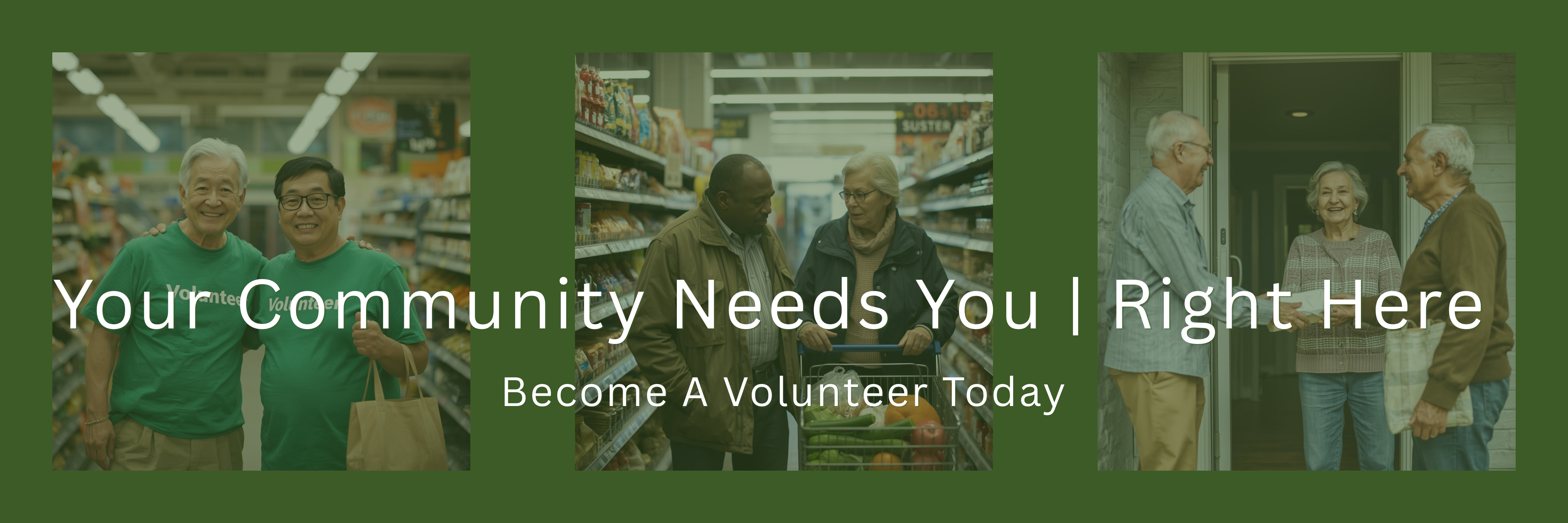 two men in a grocery story wearing volunteer tshirts, an older man and woman pushing a grocery cart through an aisle, 3 older adults, two men, one woman receiving a bagged meal, standing at a door on a porch